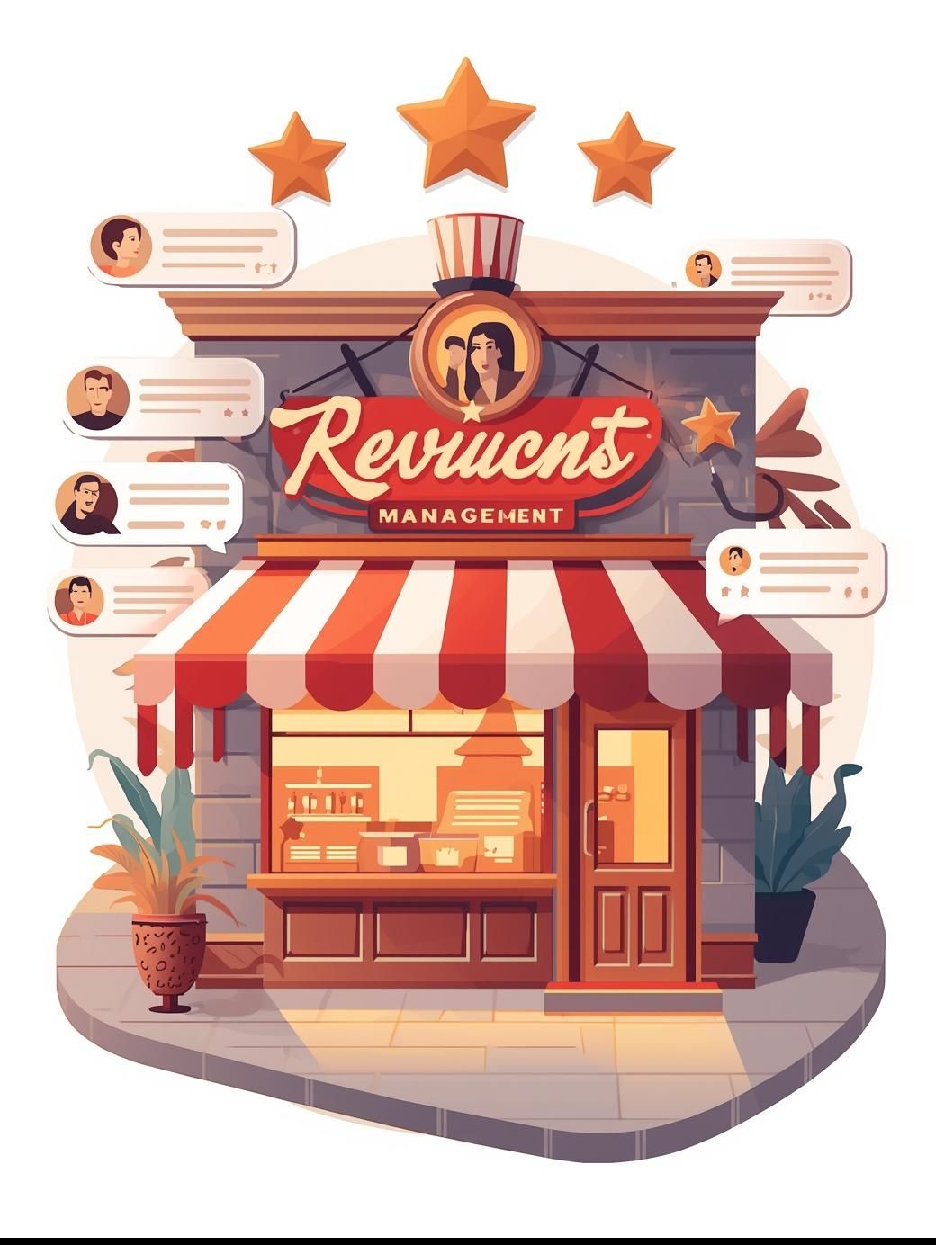 Restaurant storefront with reviews. Red awning, stars, and customer testimonials.