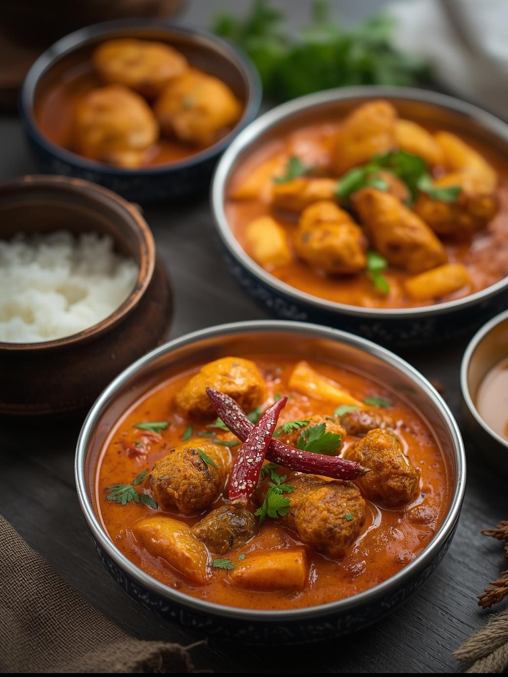 Bowls of curry with dumplings and rice on a wooden table, garnished with cilantro and chili peppers.