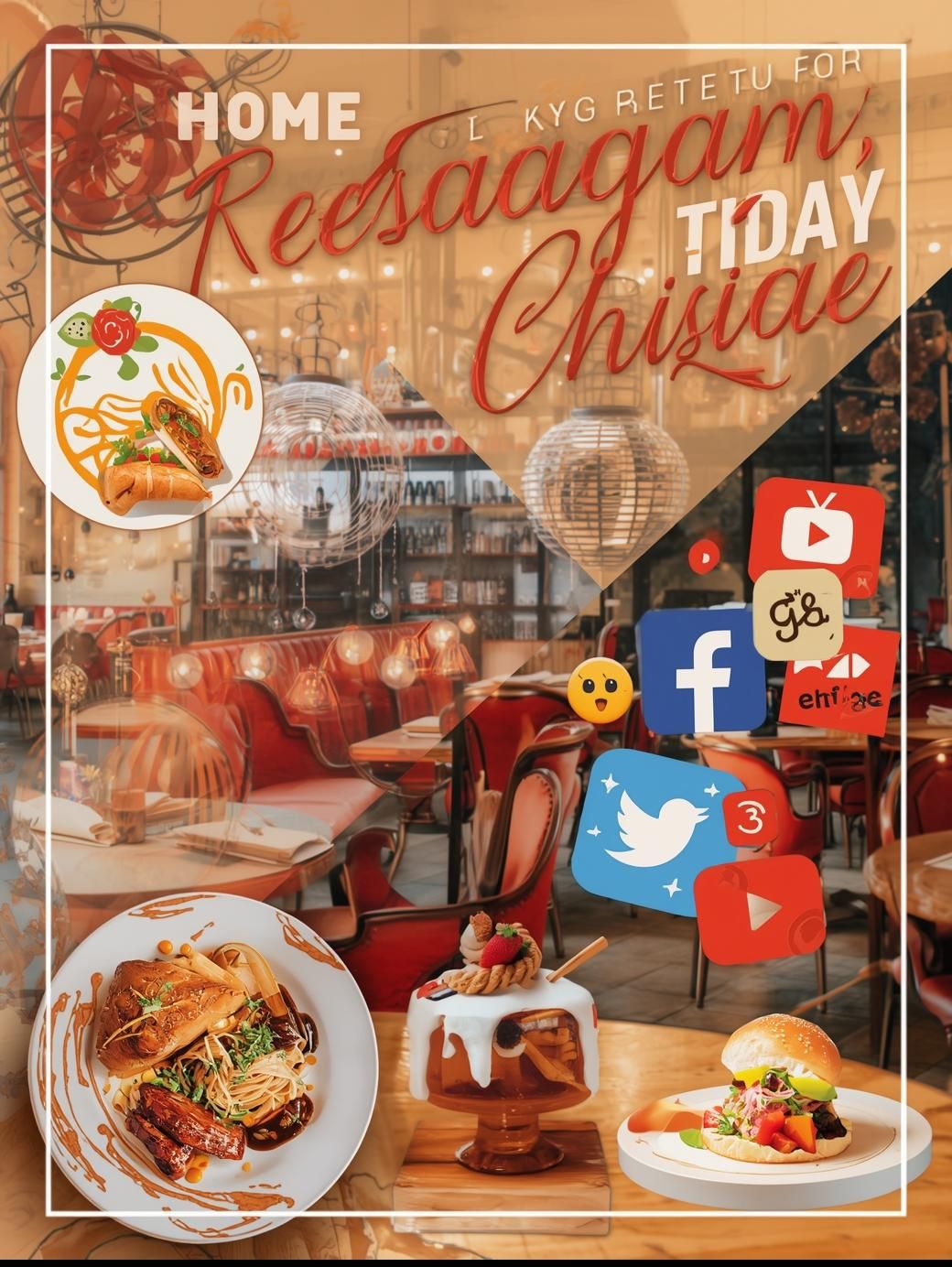 Restaurant scene, food dishes, social media icons, text: 