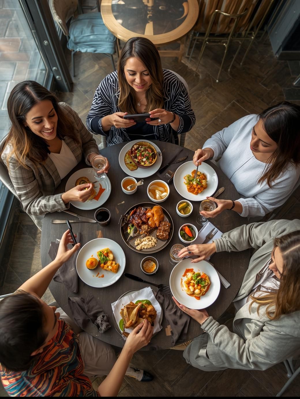 Five women eating at a restaurant, sharing a meal from a central platter. Smiles, light, and shadows.