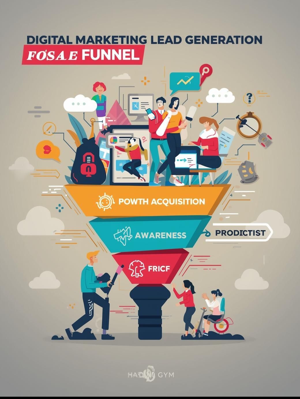 Digital marketing lead generation funnel: People interacting with funnel stages of growth acquisition, awareness, and price.