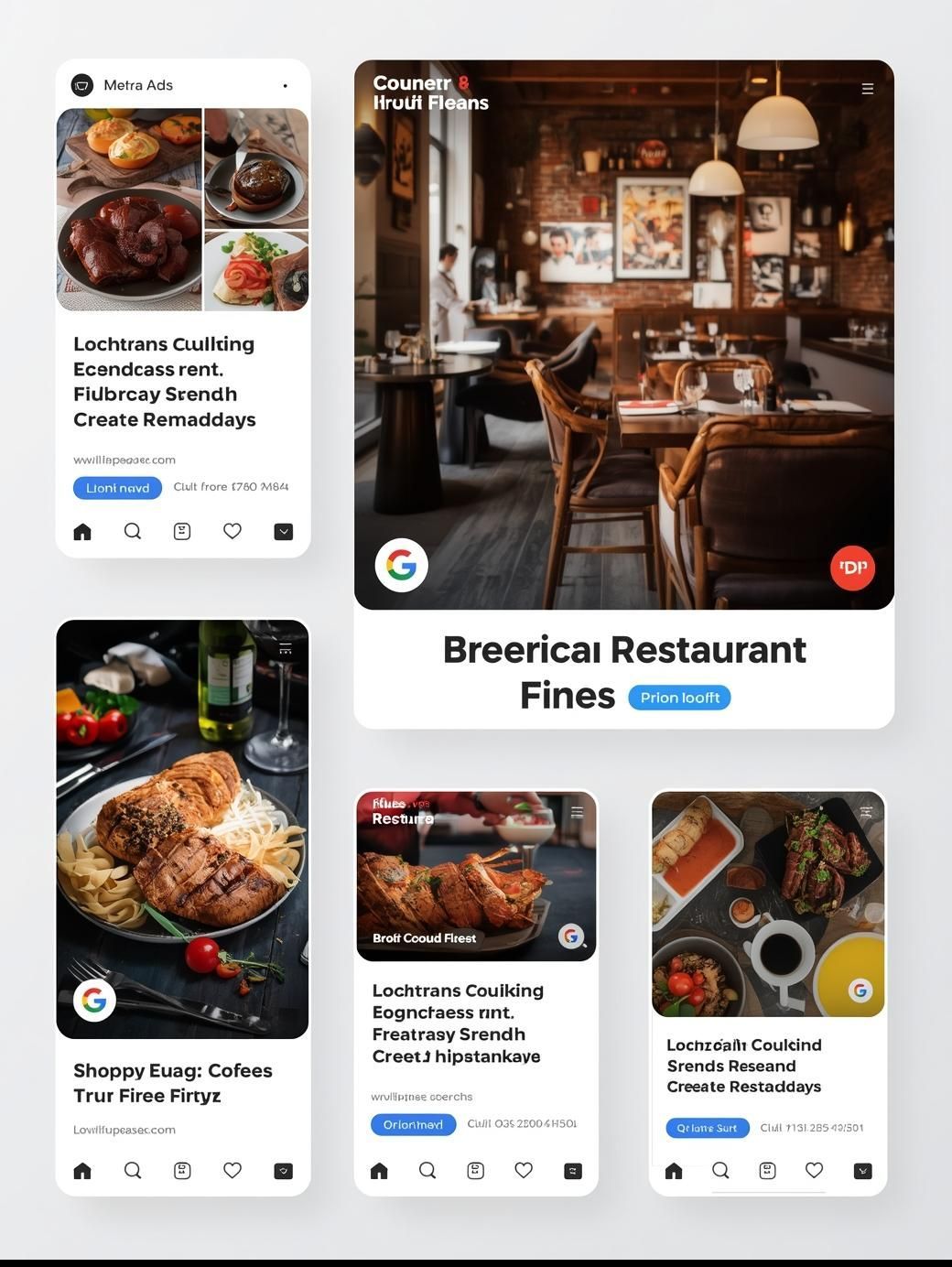Mobile app layout: Restaurant reviews, recipes, interiors with photos.
