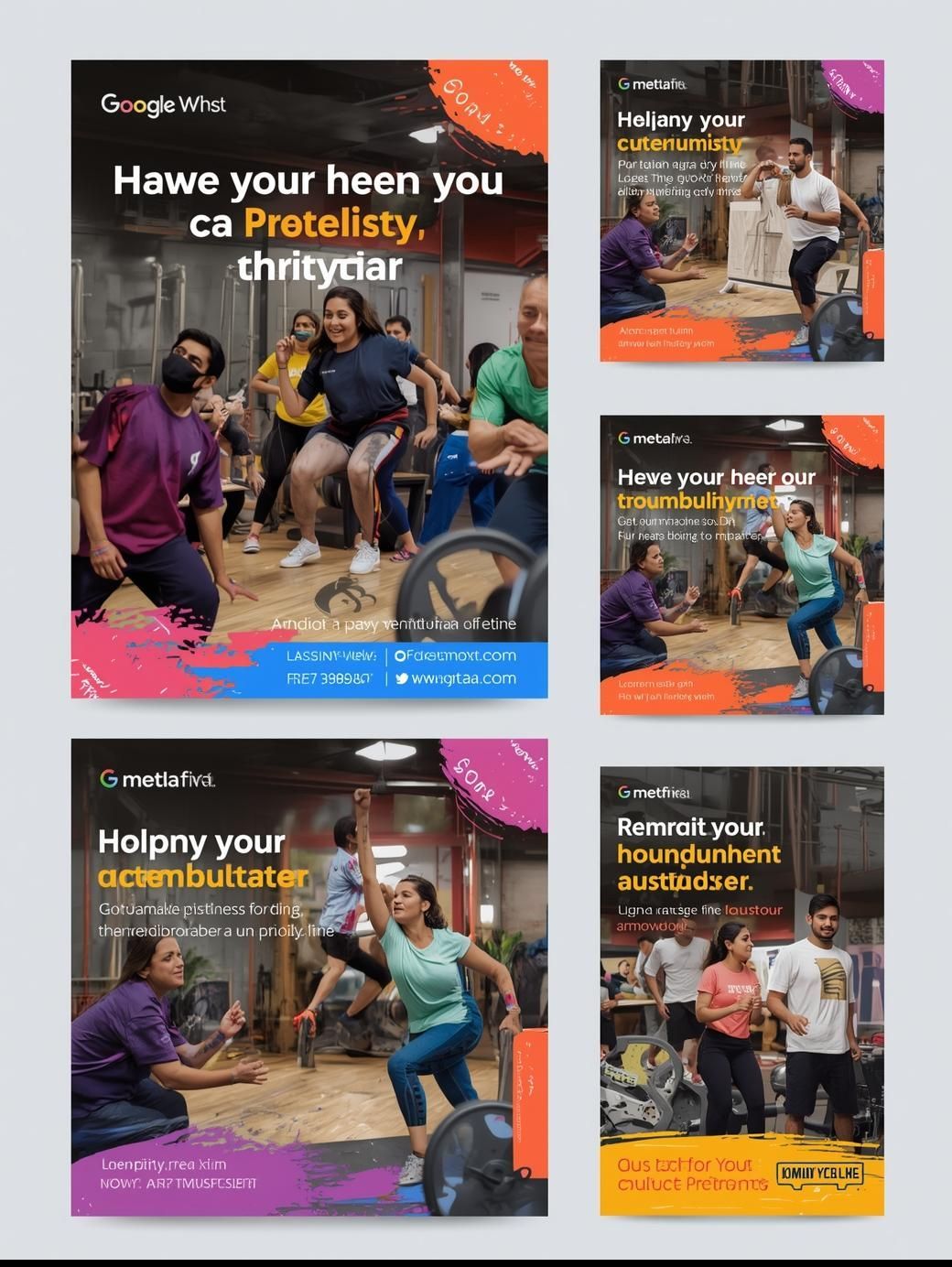 Advertisements promoting fitness classes with people exercising in a gym, colorful abstract backgrounds.