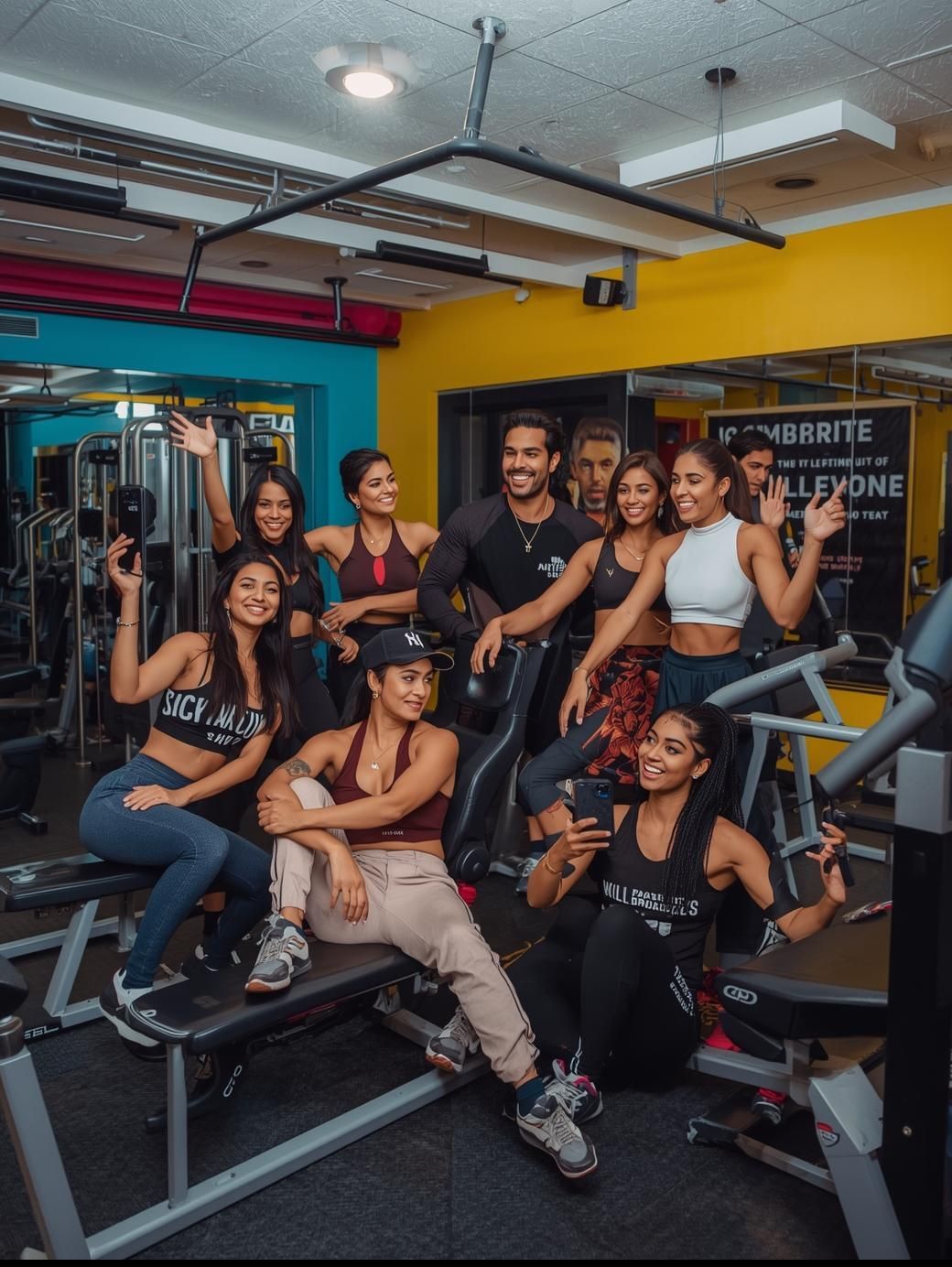 Group of people posing at a gym. Women and one man smiling, some waving. Bright colors, workout setting.
