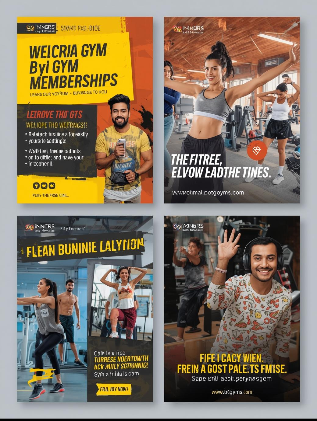 Four fitness ads. People working out. Gym equipment is visible. Bright colors are used.