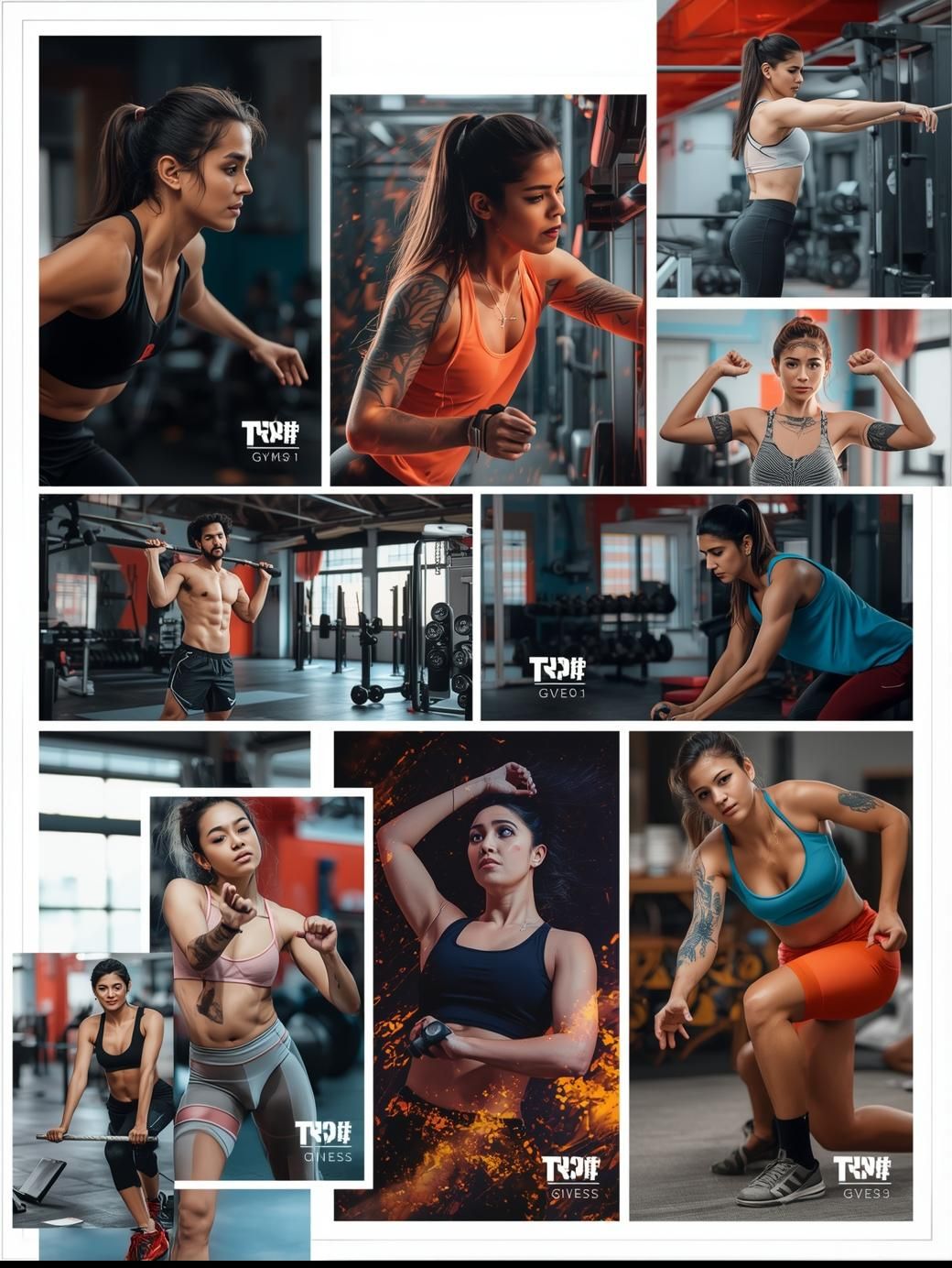Collage: People in a gym exercising. Women in athletic wear are the main focus, with orange and blue accents.