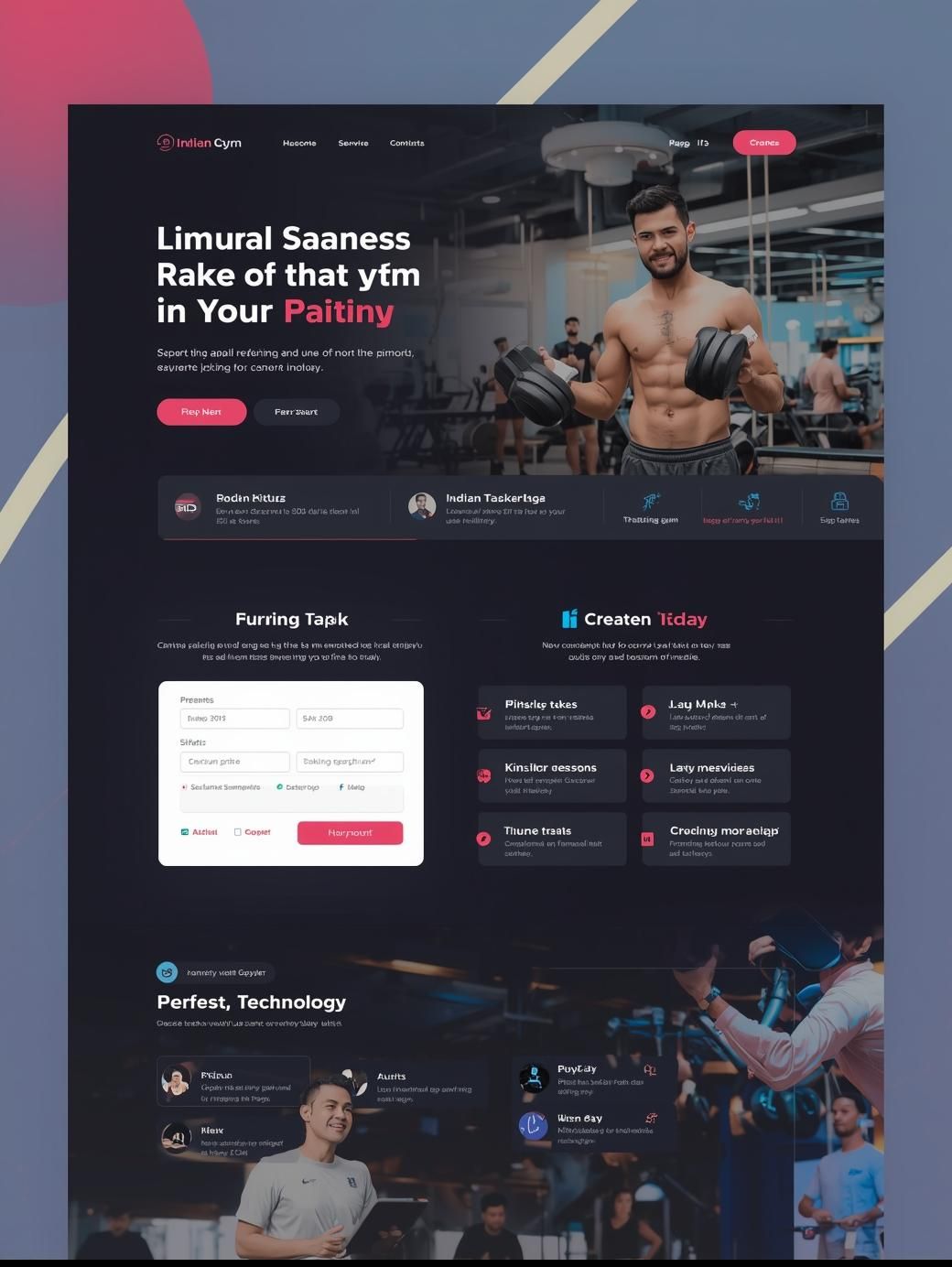 Fitness website landing page with a man holding weights at a gym, dark theme, and a sign-up form.
