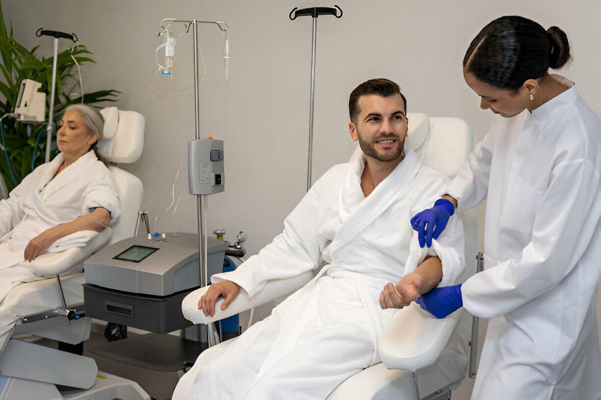 A man is getting an injection in his arm in a hospital room.