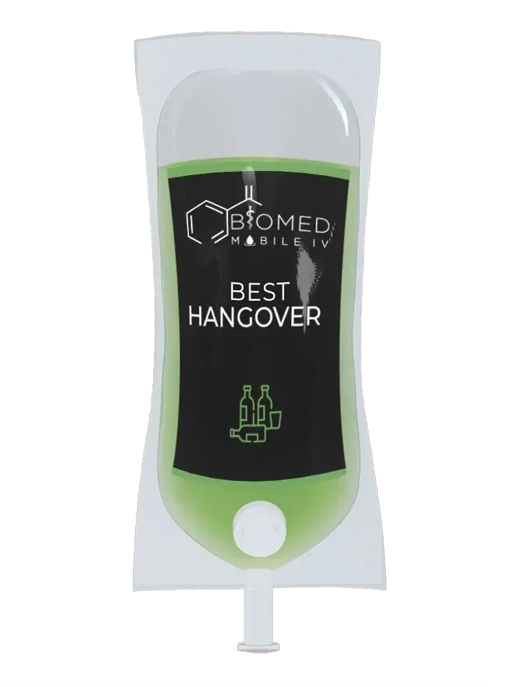 A bag with a green liquid in it that says best hangover