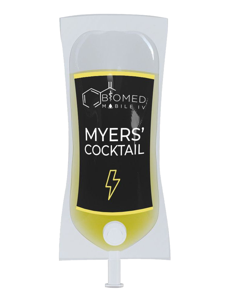 A bag of myers cocktail with a lightning bolt on it.