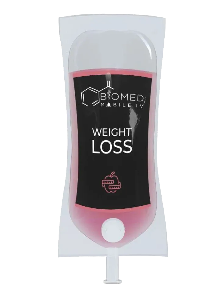 A bag of weight loss pills with a pink liquid in it.