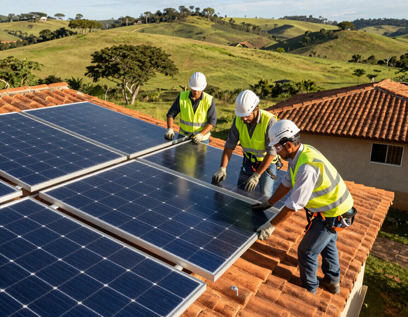 Instalação de placas solares em telhado residencial no RS
