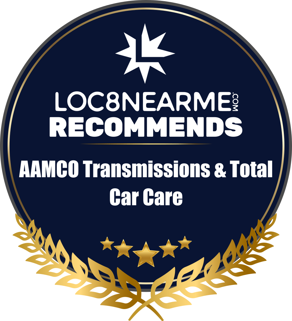 AAMCO Transmissions & Total Car Care recommendation badge from LOC8NEAREME.com; blue and gold colors, circular.