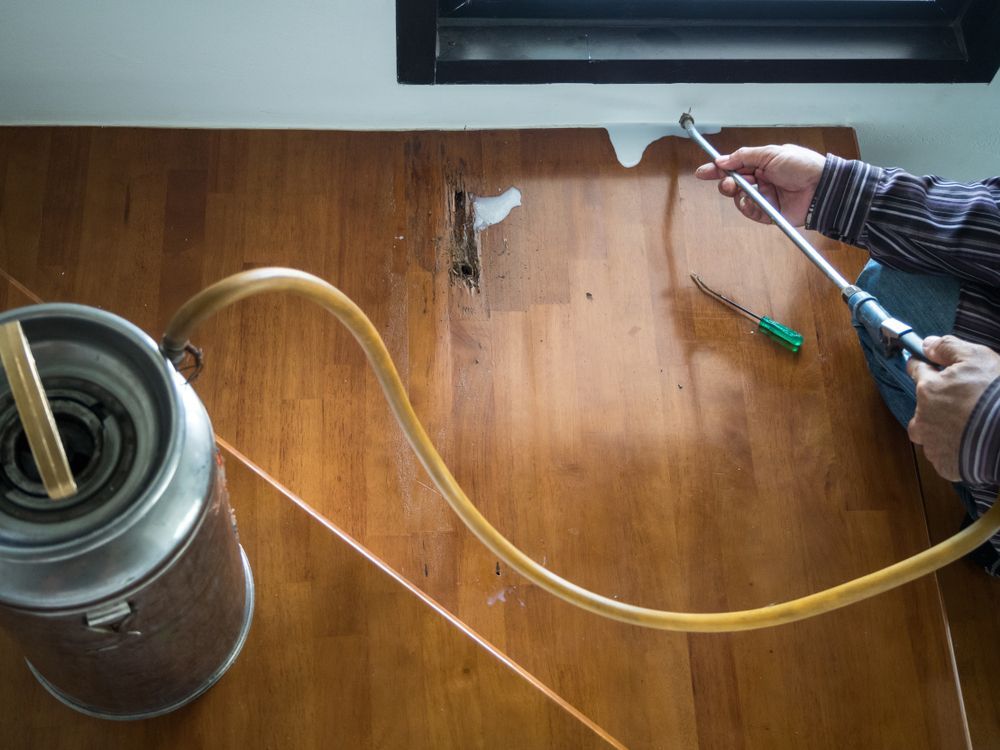 A Man is Spraying a Wooden Floor With a Sprayer — Core Pest Management in Bli Bli, QLD