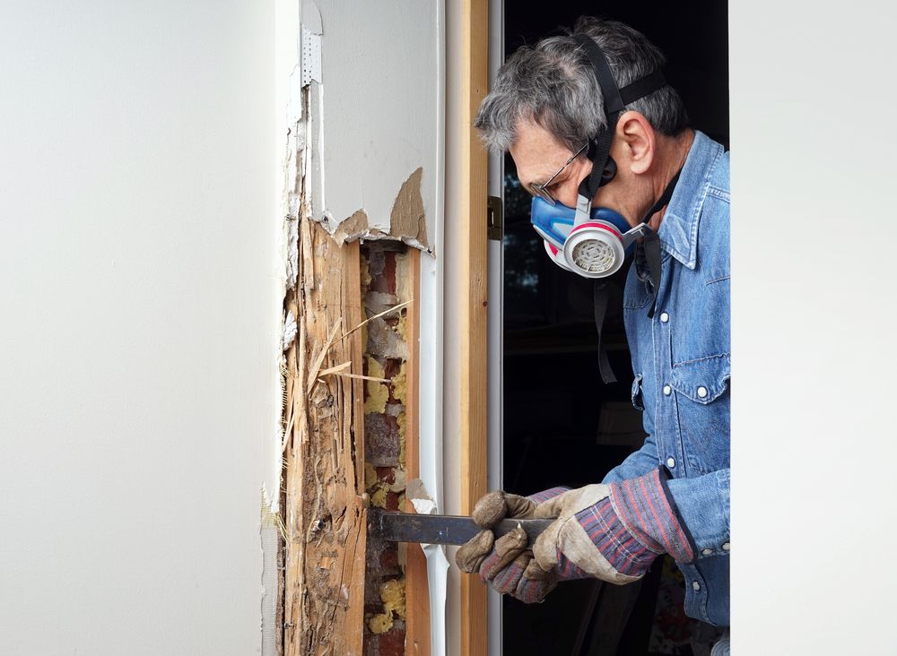 A Man Wearing a Gas Mask is Working on a Termite Infested Wall — Core Pest Management in Buderim, QLD