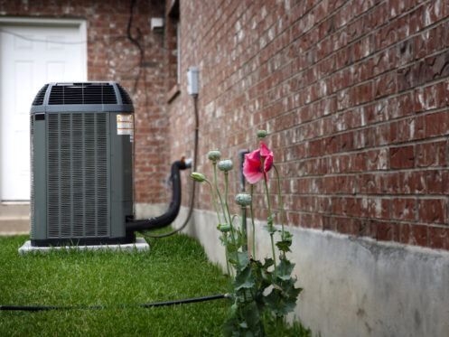 An air conditioner is sitting on the side of a brick building next to a flower.