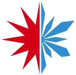 A red and blue star is split in half on a white background.