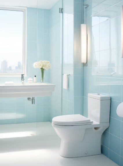 Un baño moderno de color azul claro con inodoro y lavabo blancos y una ventana grande; un jarrón con flores blancas