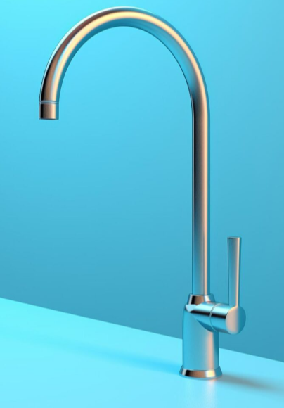 Grifo plateado sobre superficie azul, con caño alto y curvo y manija de palanca.