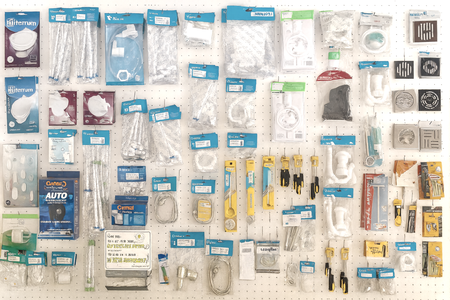 Exhibición de pared con diversos suministros de plomería envasados.