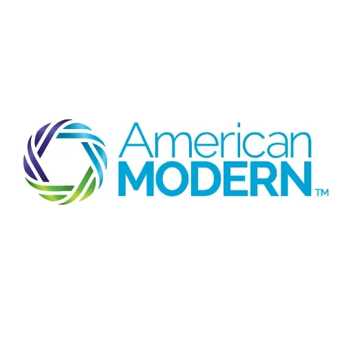 The logo for american modern is blue and green with a circle in the middle.