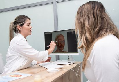 Un médico está hablando con un paciente frente a una pantalla de computadora.