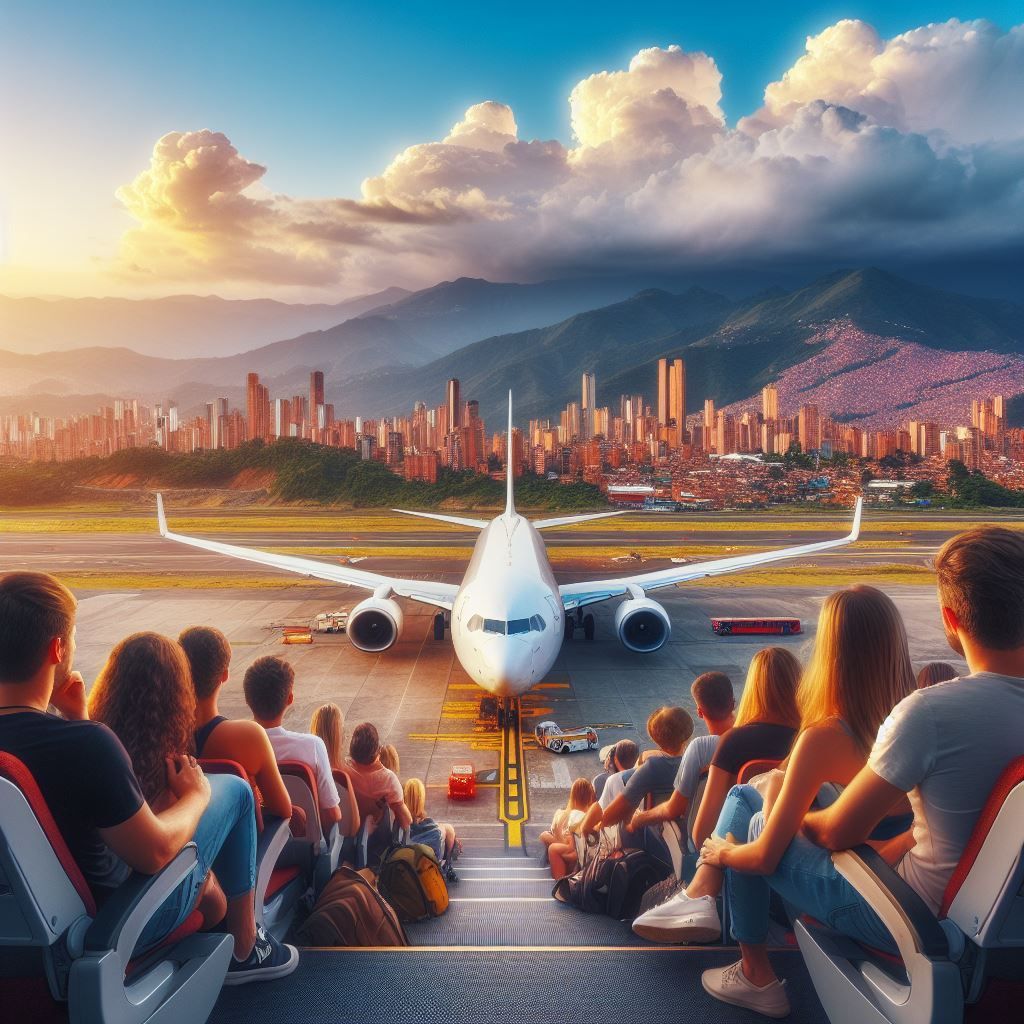 Un grupo de personas está sentada frente a un avión en una pista.