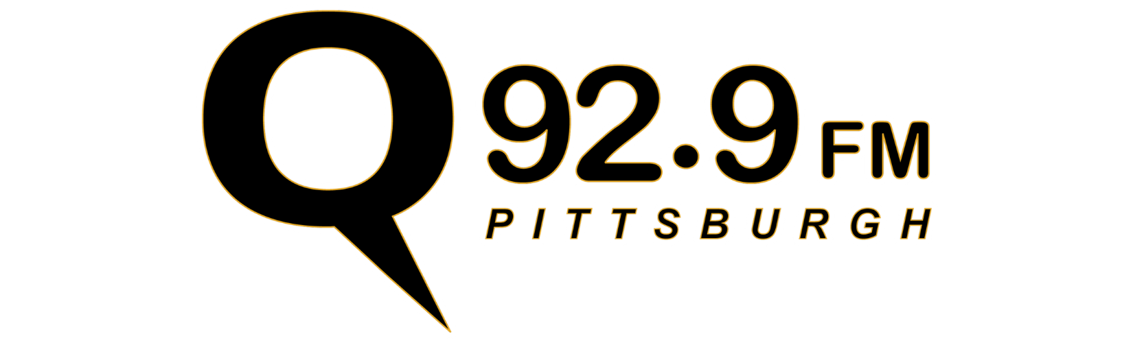 Logo for Q 92.9 FM Pittsburgh featuring a large black 'Q' on the left and the text 