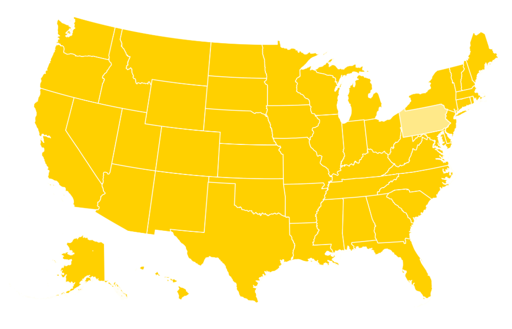Map of the United States with Pennsylvania highlighted in a lighter shade of yellow.