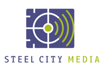 The Steel City Media logo features a blue square with a white target icon and green signal waves, followed by company text.
