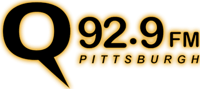 Logo for Q 92.9 FM Pittsburgh featuring a large black 'Q' on the left and the text