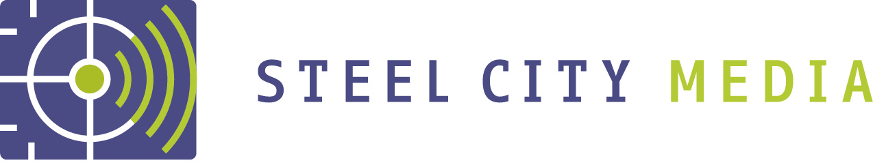 Logo for Steel City Media, featuring a purple square with a white and green radar-like icon next to the company name.