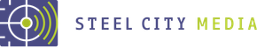 The Steel City Media logo features a blue square with a white target icon and green signal waves, followed by company text.