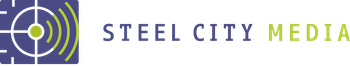 The Steel City Media logo features a blue square with a white target icon and green signal waves, followed by company text.