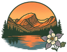 A stylized illustration of a mountain range reflected in a lake at sunset, featuring a purple columbine flower.