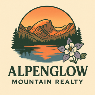 Logo for Alpenglow Mountain Realty featuring a sunset over mountains, a lake, pine trees, and a purple columbine flower.