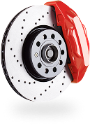 Red brake caliper on a slotted brake rotor. | Michael's Auto Service