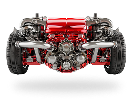 Red and chrome car engine with tires, viewed from the front. | Michael's Auto Service