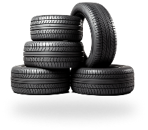 Five black tires stacked on a white background, one tilted. | Michael's Auto Service
