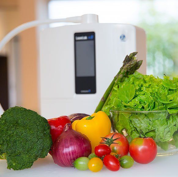 Vegetables like broccoli, tomatoes, and peppers are in front of a white water ionizer in a kitchen setting.