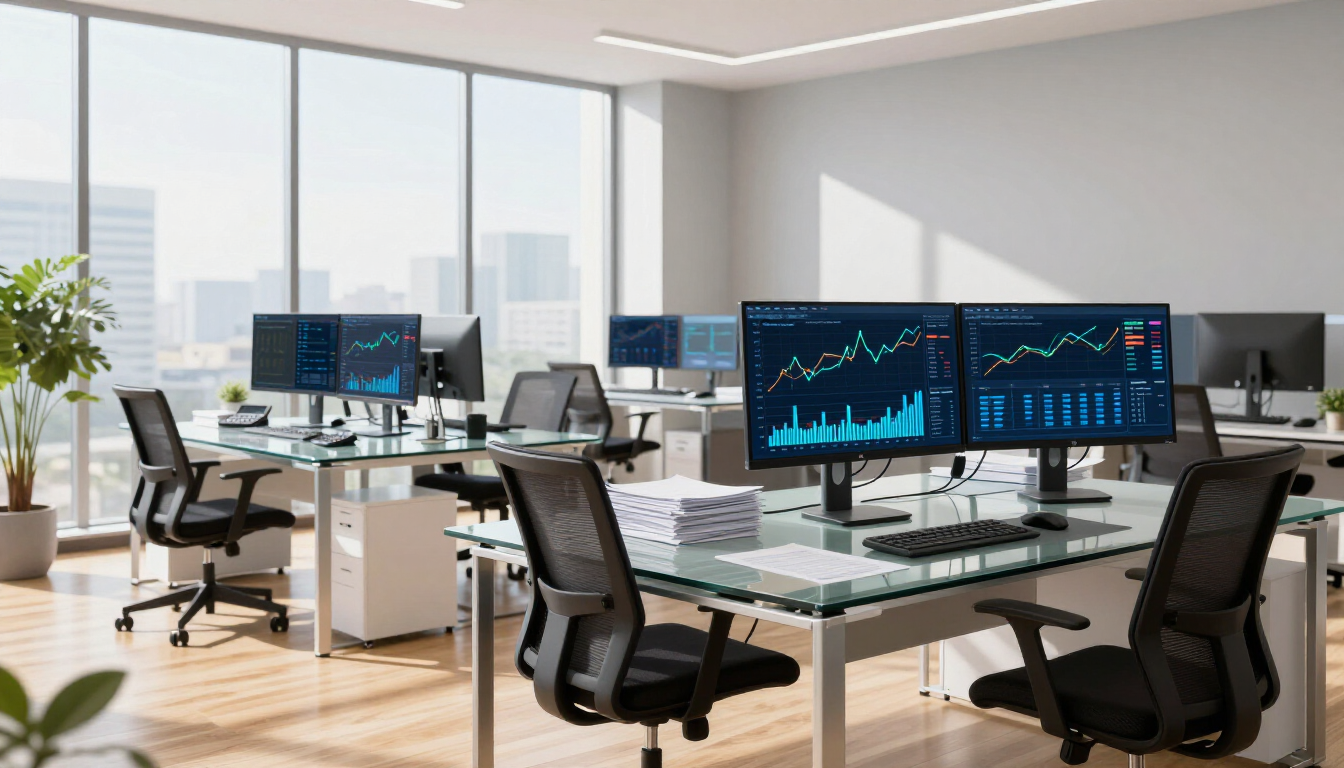 Modern accounting office with digital growth metrics on screen.