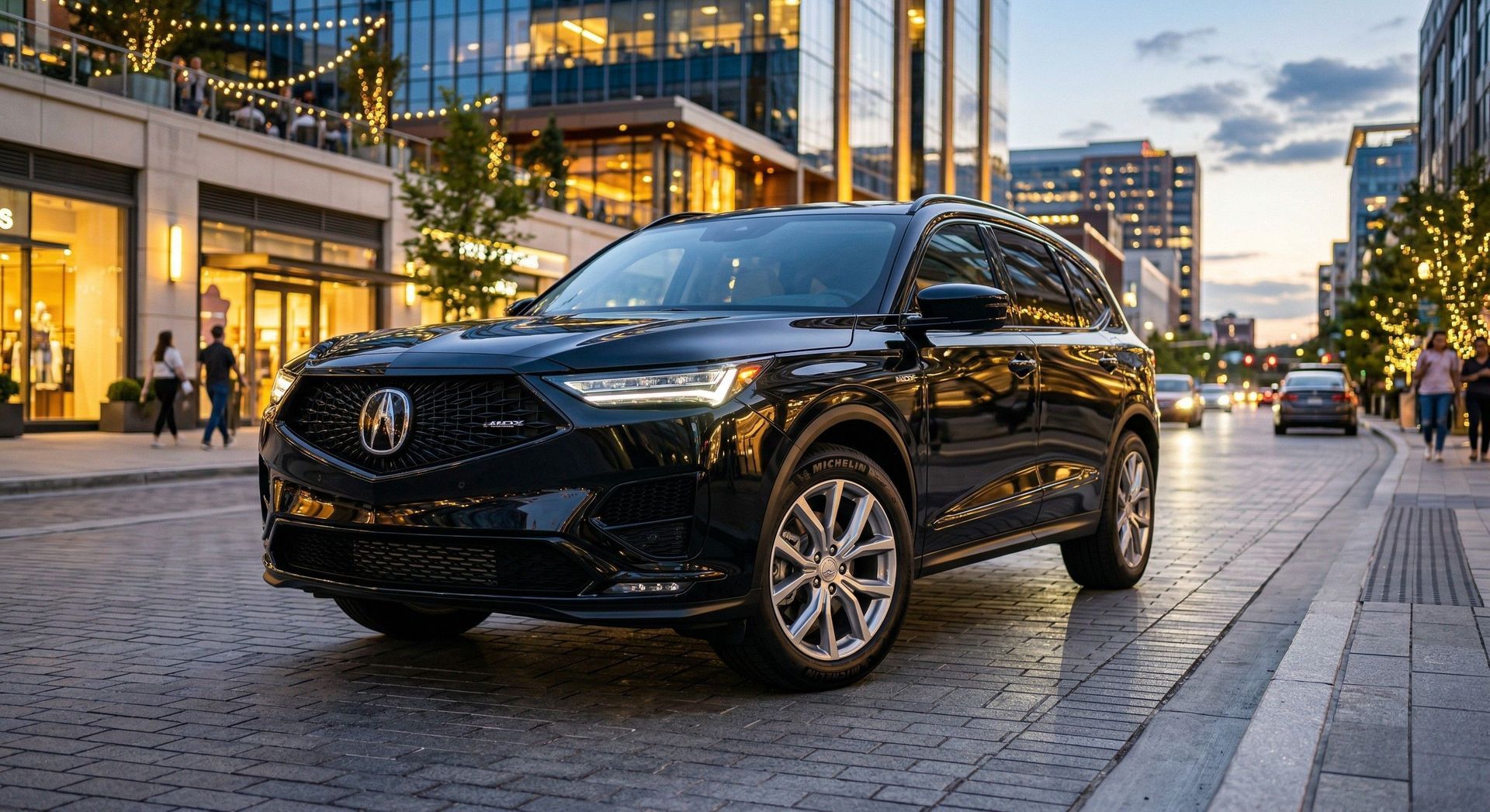 A black Acura SUV parked on a paved street in front of a modern shopping center at dusk.