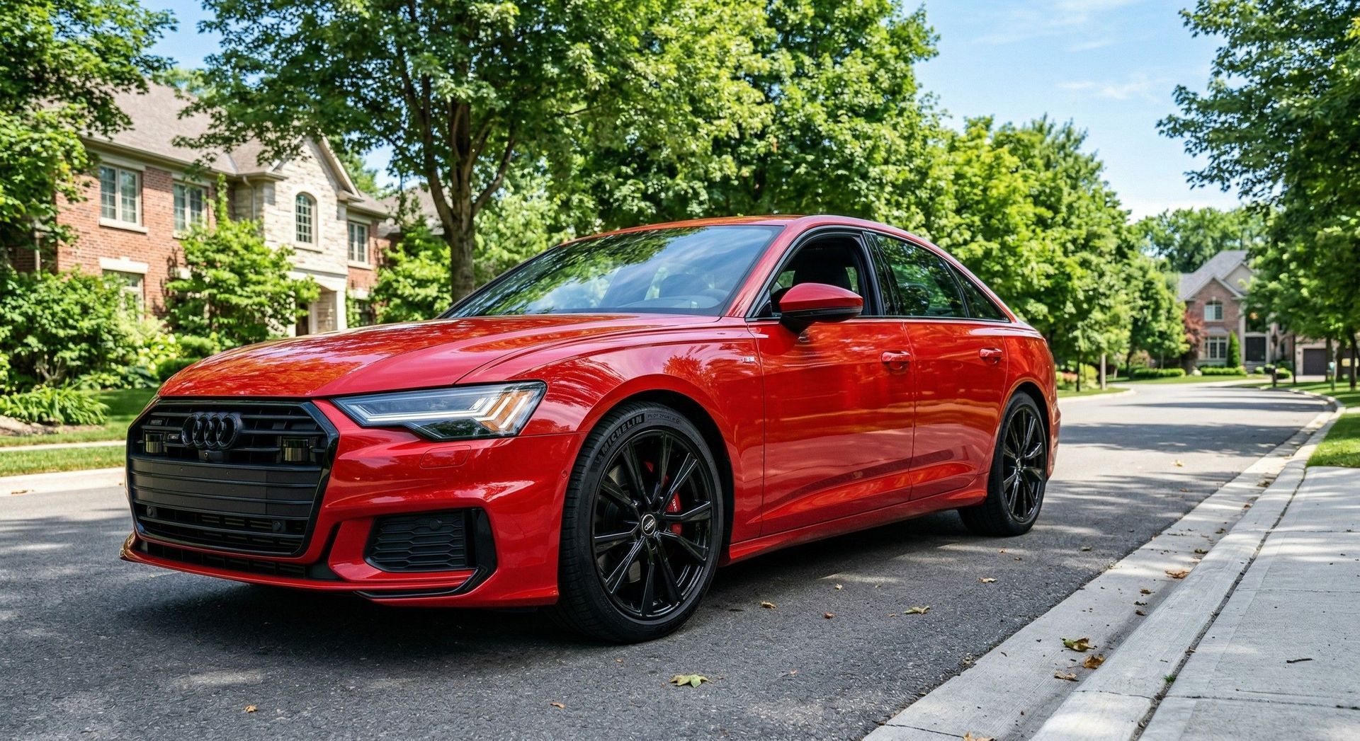 A bright red Audi sedan parked on a suburban street lined with trees and large houses on a sunny day.