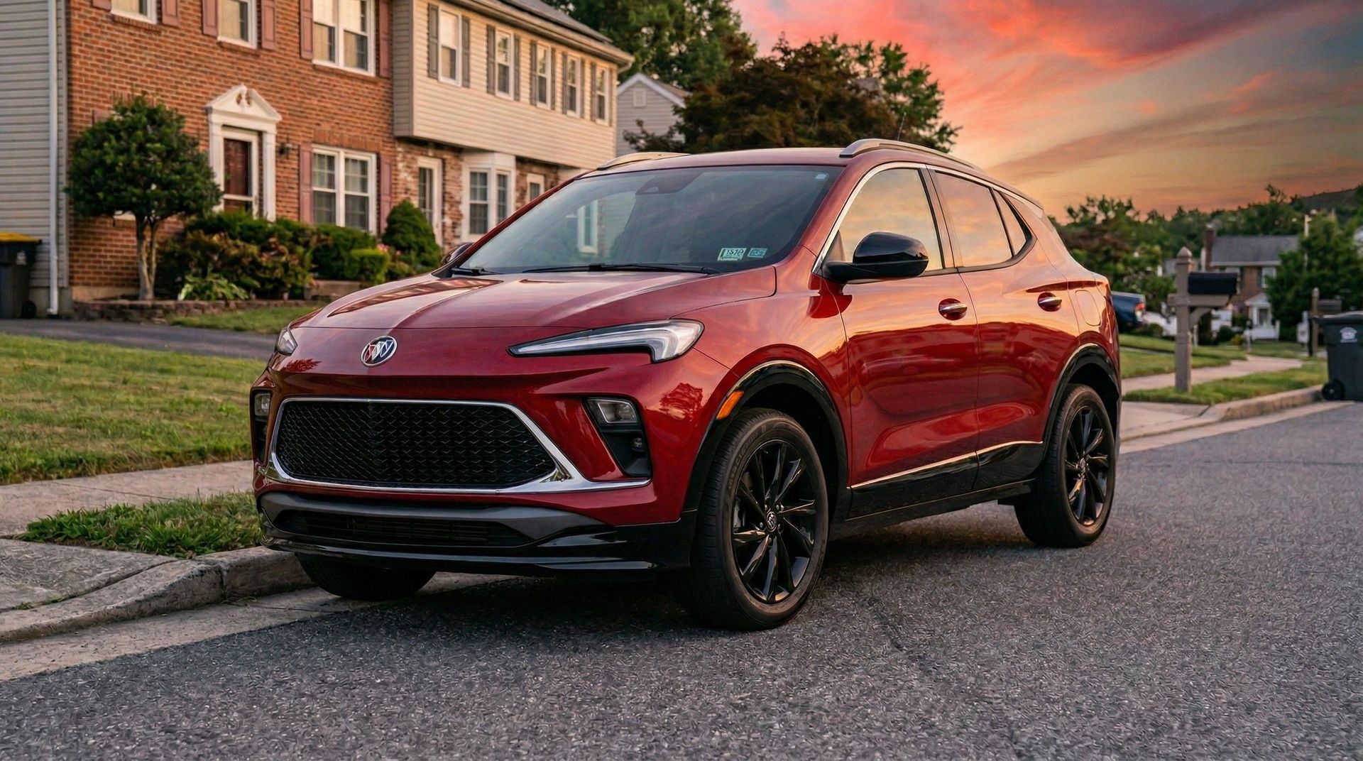 A red Buick Encore GX parked on a residential street during a sunset, with a brick house visible in the background.