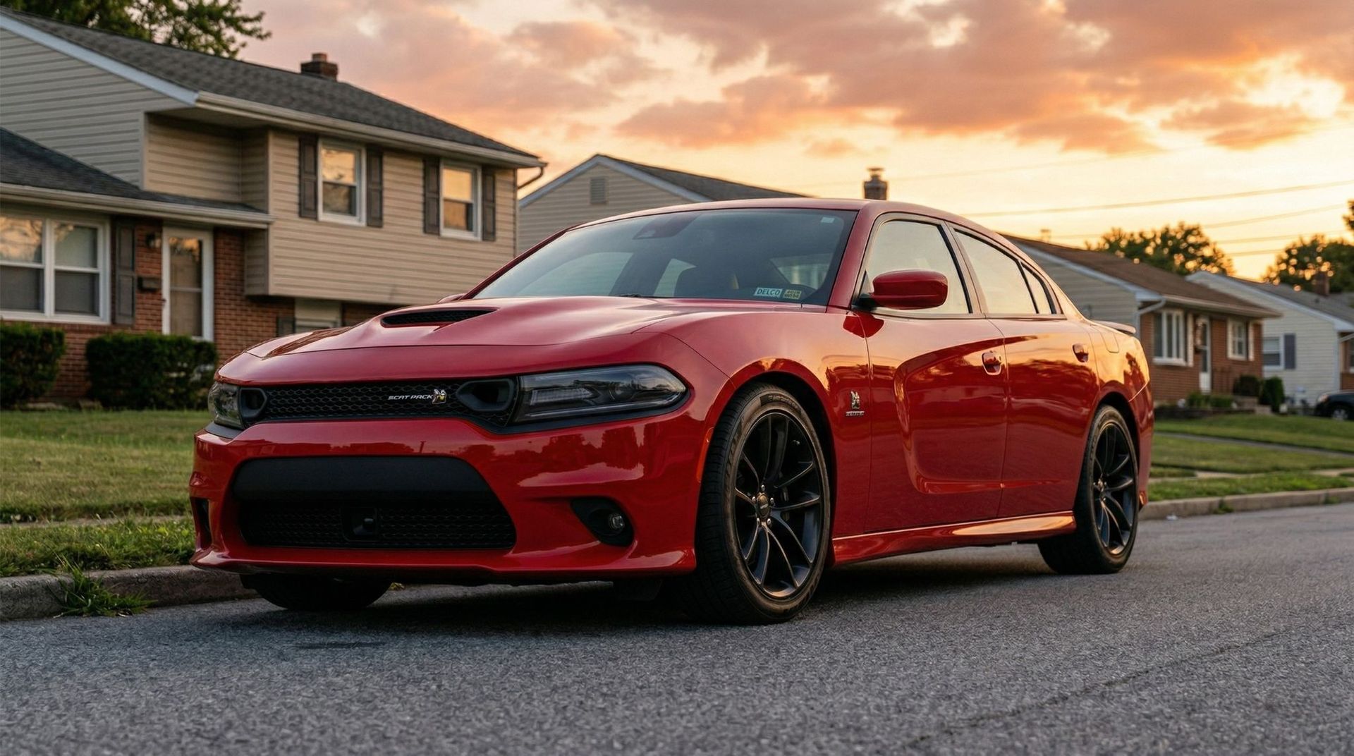 A red Dodge Charger parked on a suburban street at sunset.