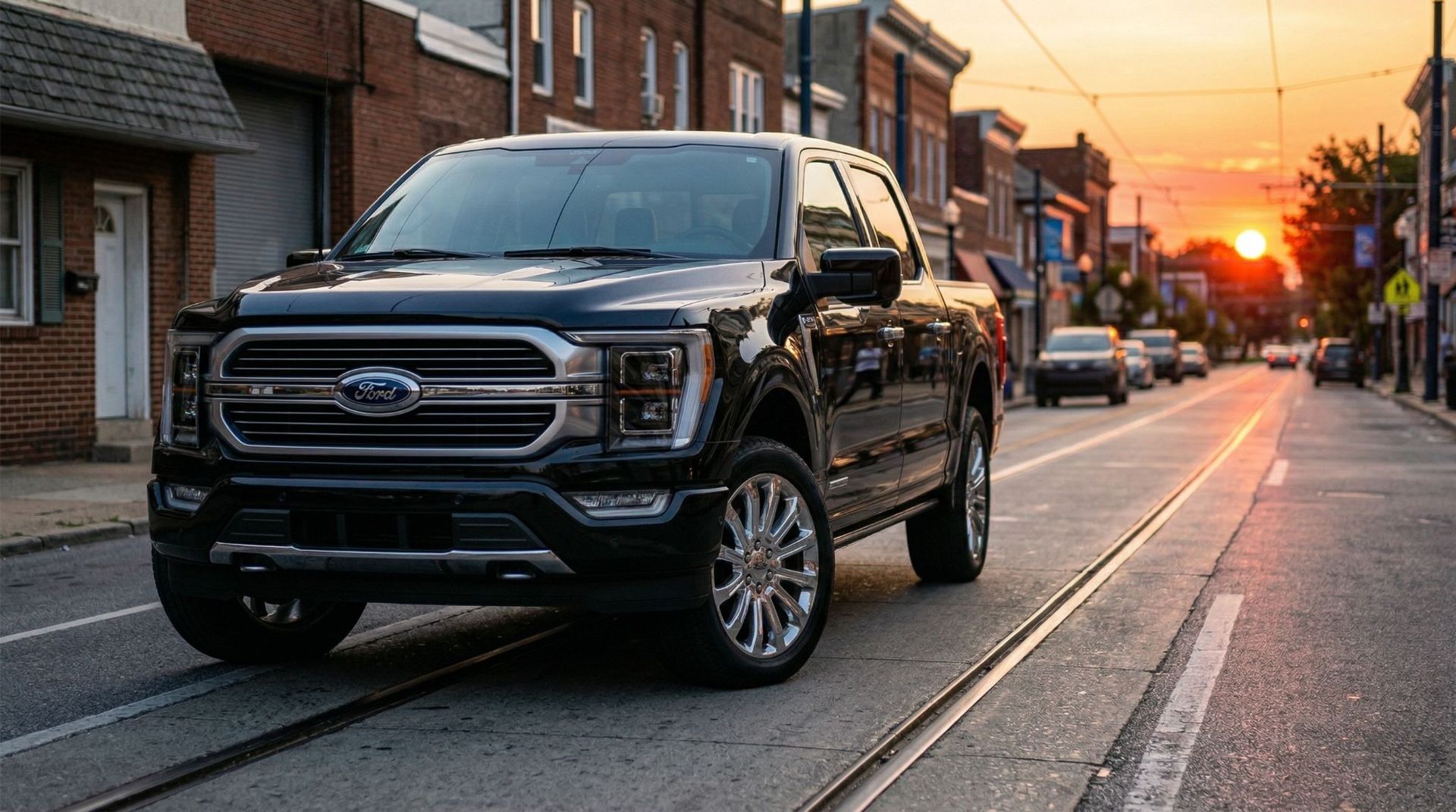 A black Ford F-150 pickup truck parked on a street in a town during a vibrant sunset.