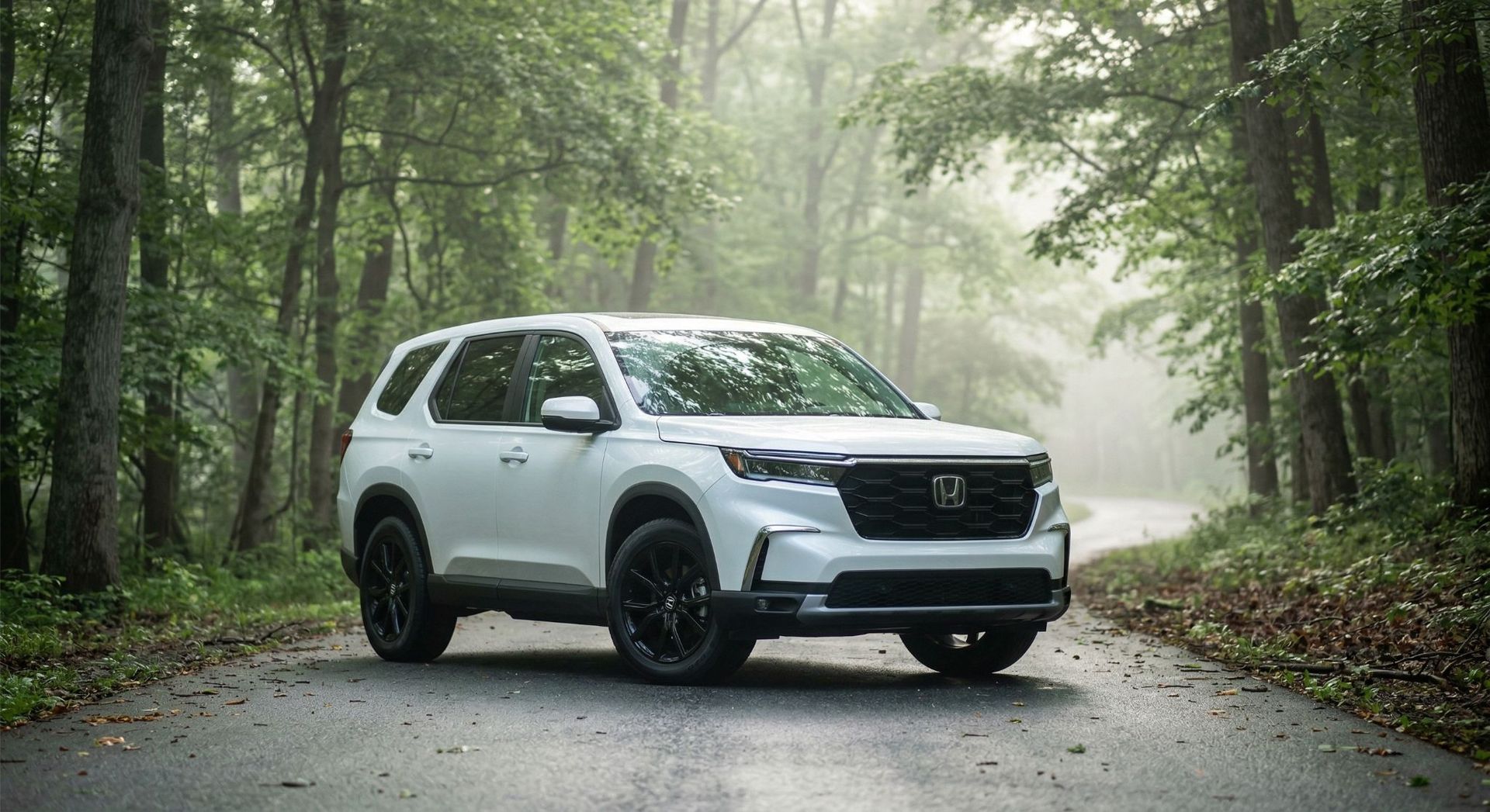 A white Honda Pilot SUV parked on a paved road surrounded by a foggy forest.