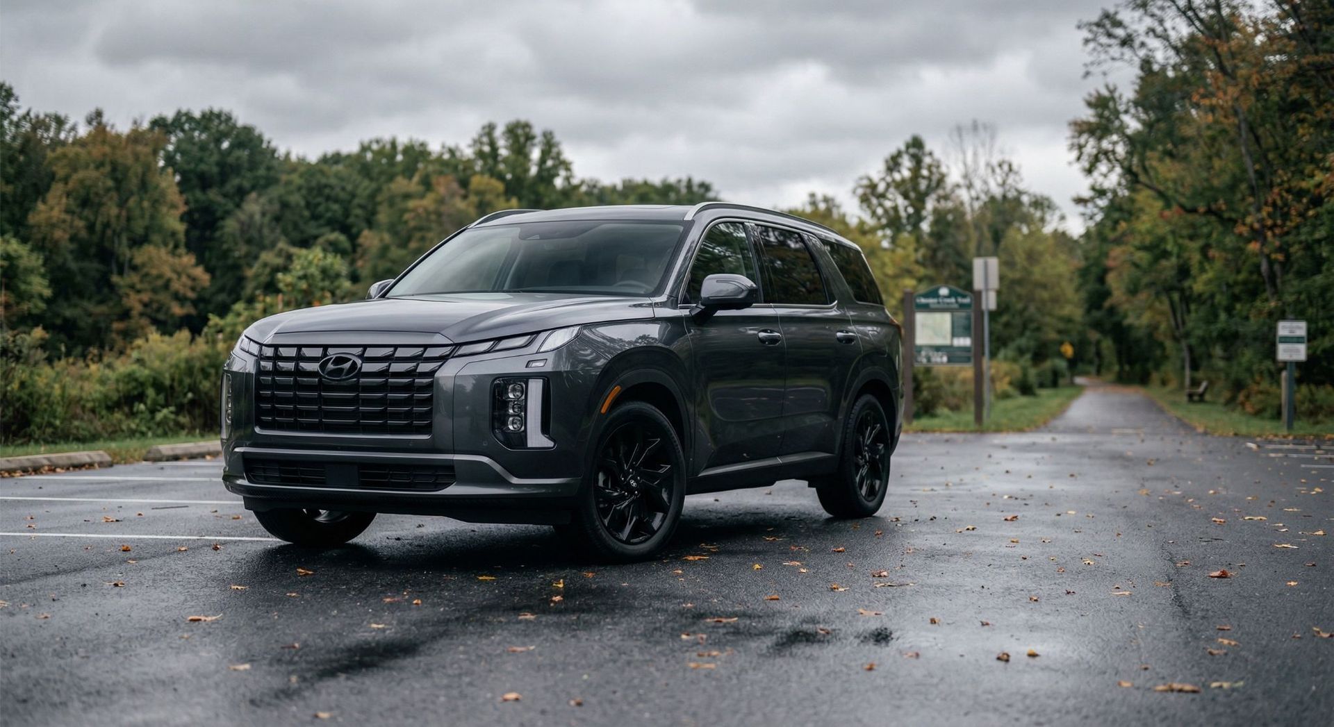 A gray Hyundai Palisade SUV parked on a wet, paved trail surrounded by trees under a cloudy sky.