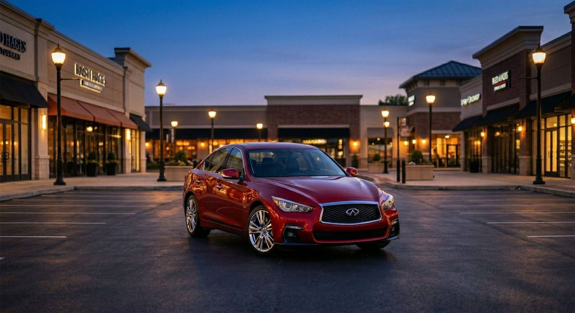 A red Infiniti sedan parked in the center of an empty commercial shopping plaza during dusk.