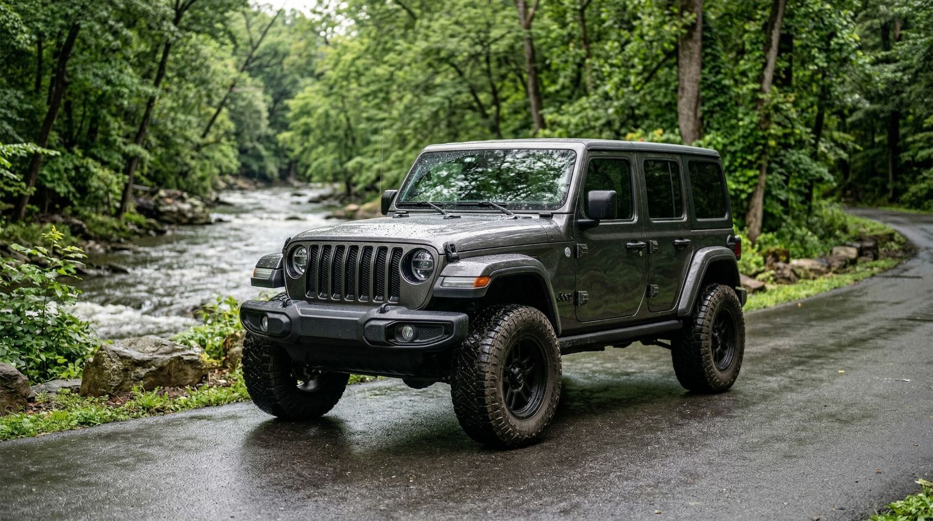 A dark gray Jeep Wrangler parked on a wet, paved road beside a rushing river in a forested area.